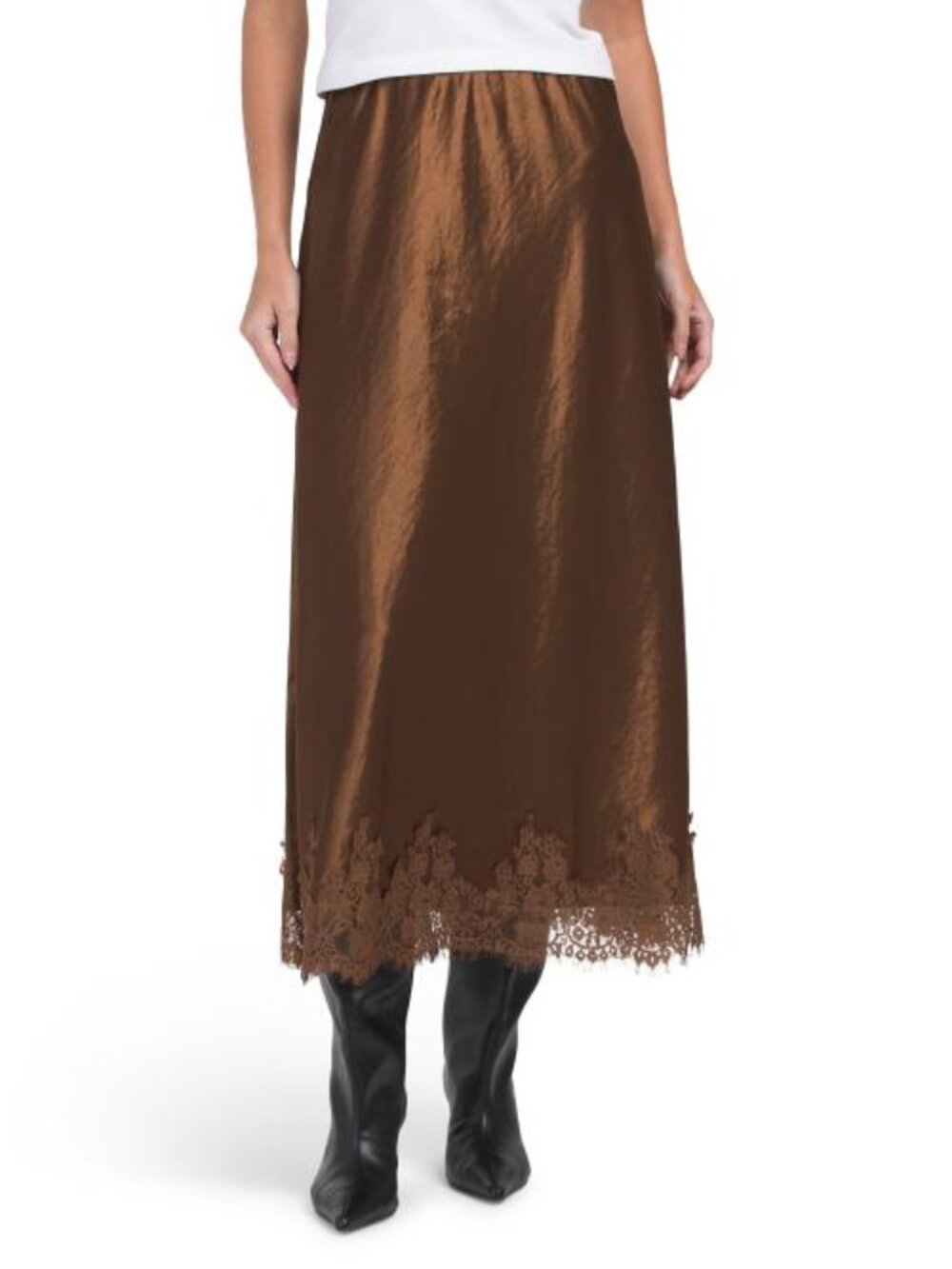 WDNY Satin Midi Skirt With Lace Detail